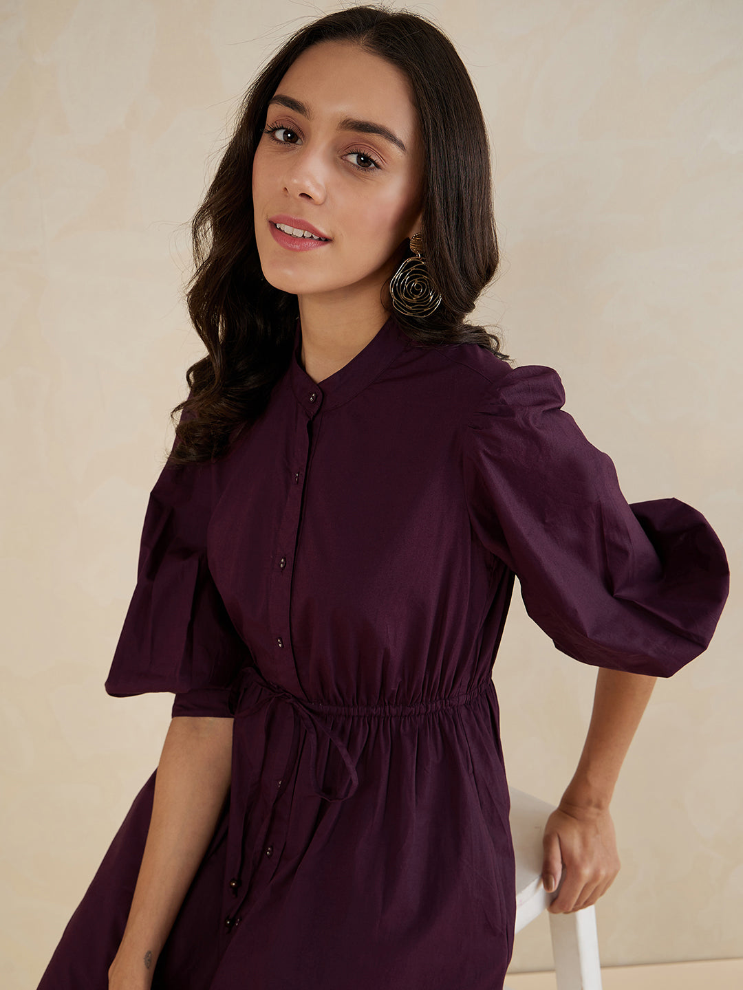 Wine Cotton Poplin Button Down Midi Dress