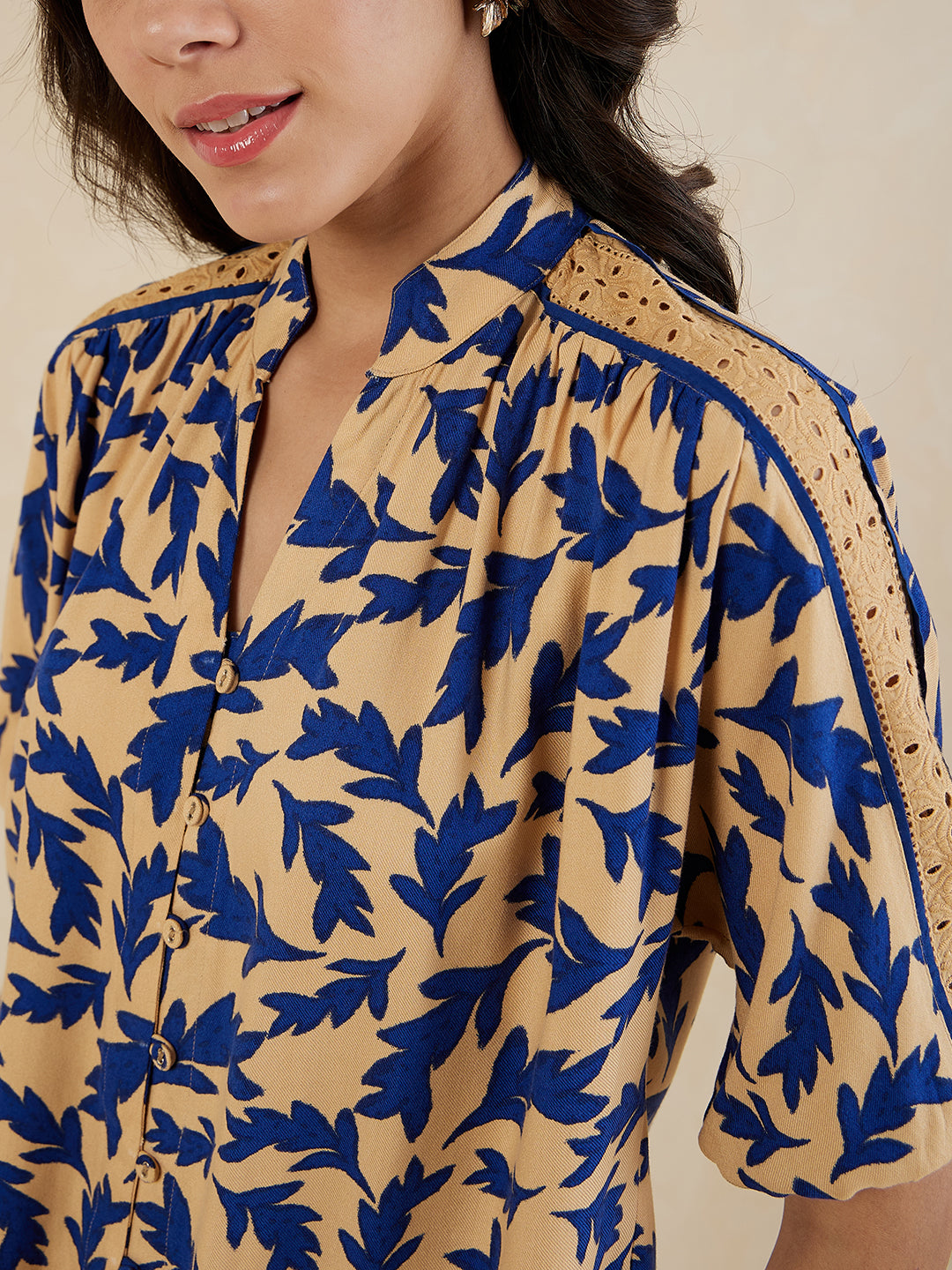 Beige And Blue Printed Co-Ord Set