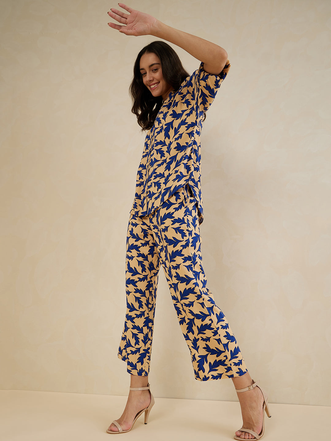 Beige And Blue Printed Co-Ord Set