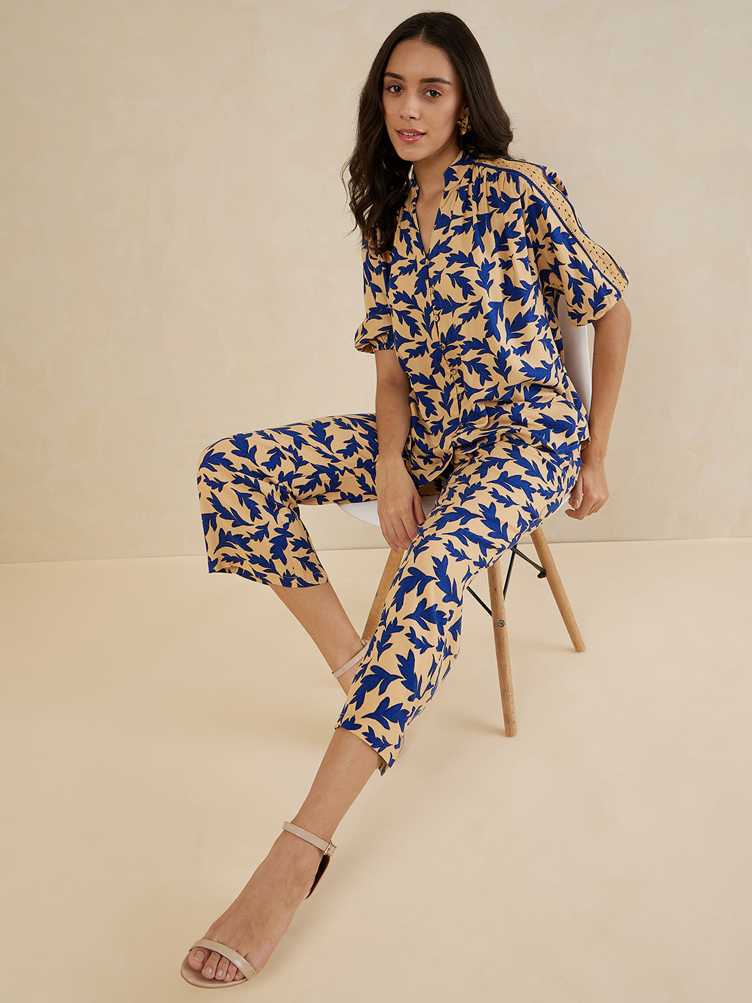 Beige And Blue Printed Co-Ord Set
