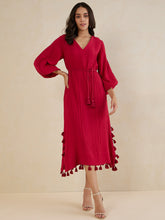 Red Tassel Detail Belted Maxi Dress