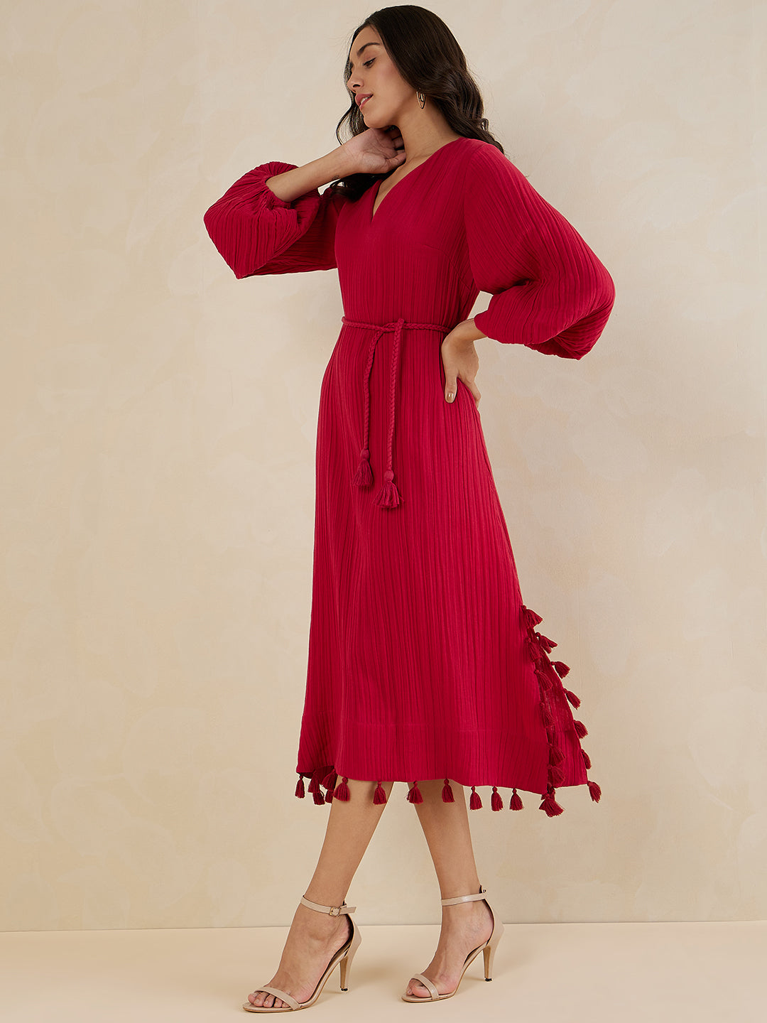 Red Tassel Detail Belted Maxi Dress