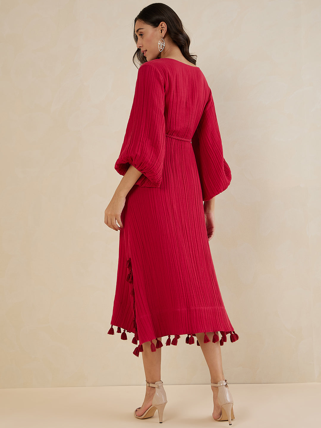 Red Tassel Detail Belted Maxi Dress