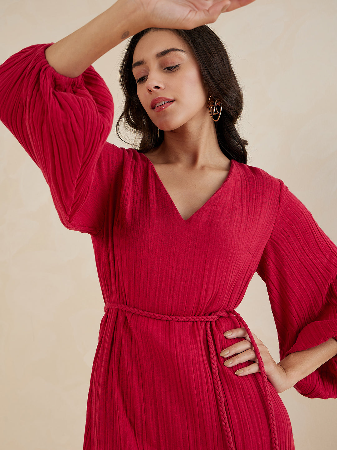 Red Tassel Detail Belted Maxi Dress