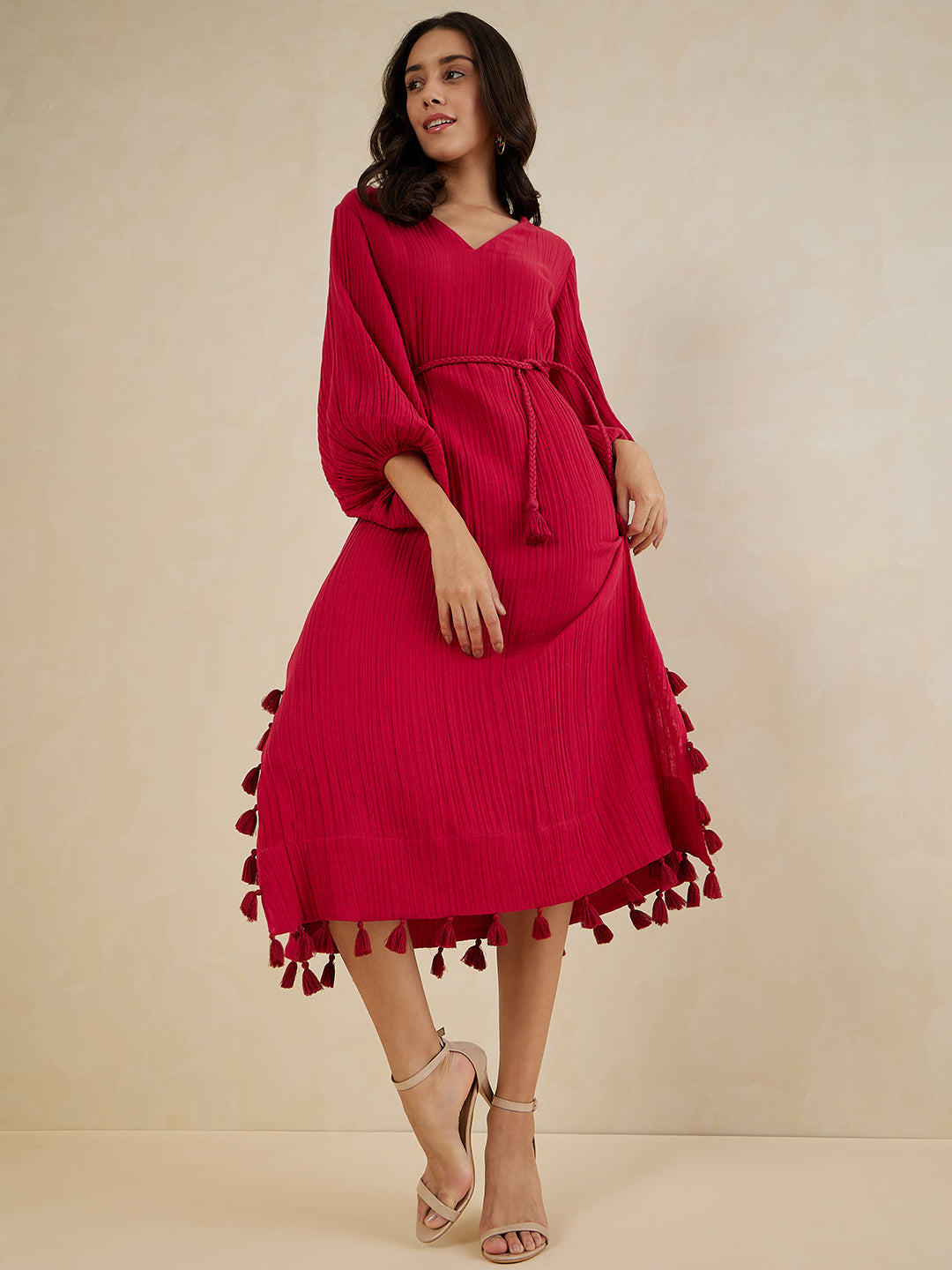 Red Tassel Detail Belted Maxi Dress