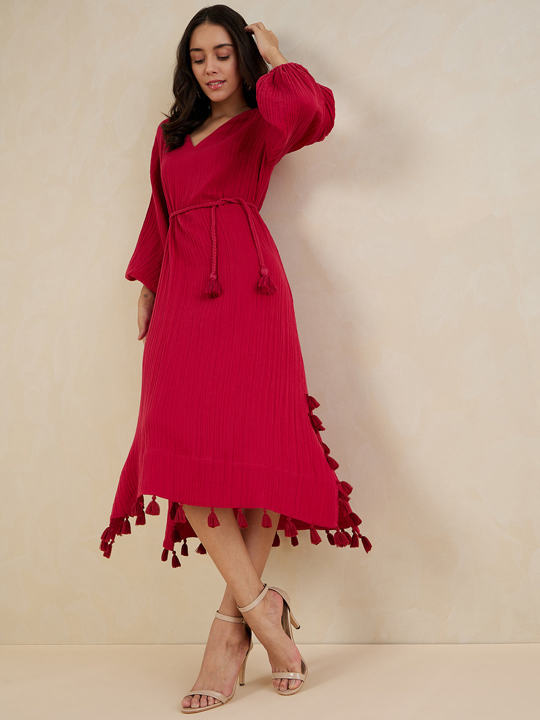 Red Tassel Detail Belted Maxi Dress