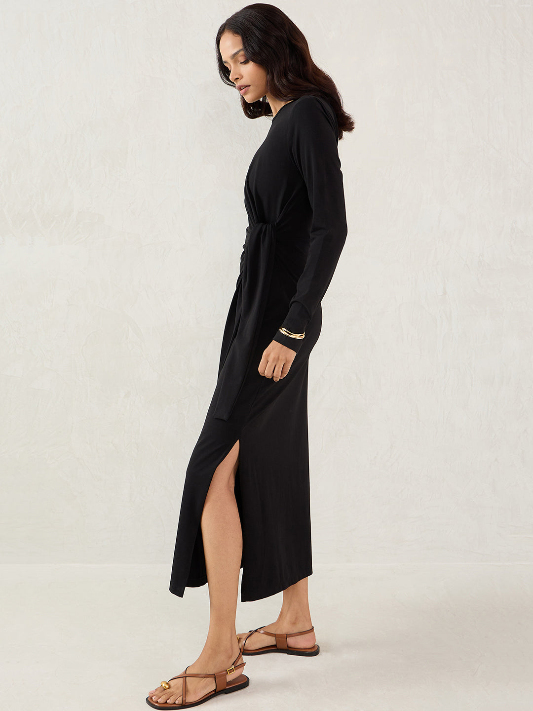 Black Cotton Knit Tie-Up Maxi Dress