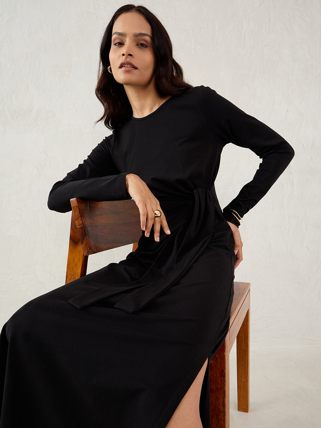 Black Cotton Knit Tie-Up Maxi Dress