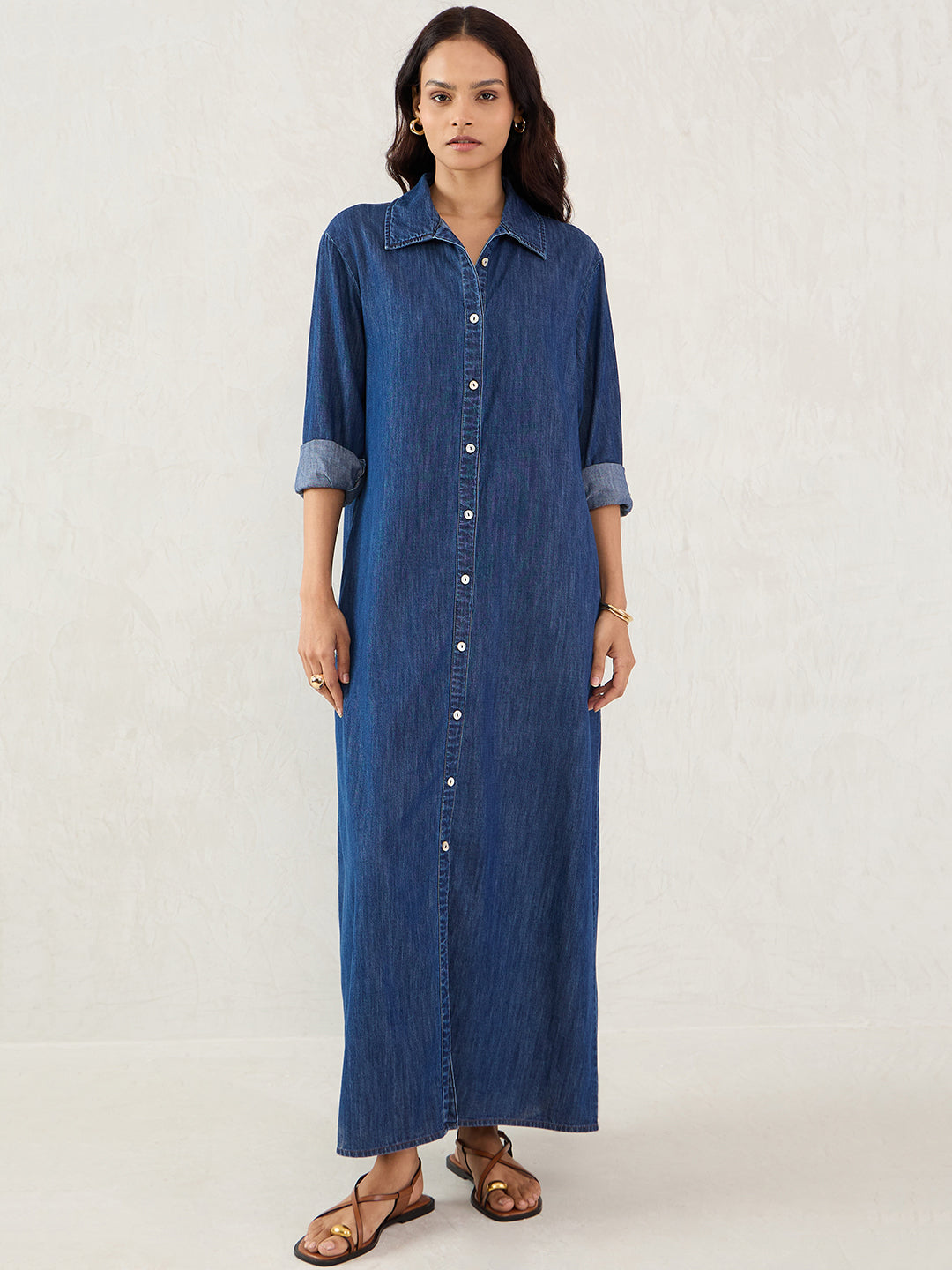 Dark Blue Denim Maxi Shirt Dress
