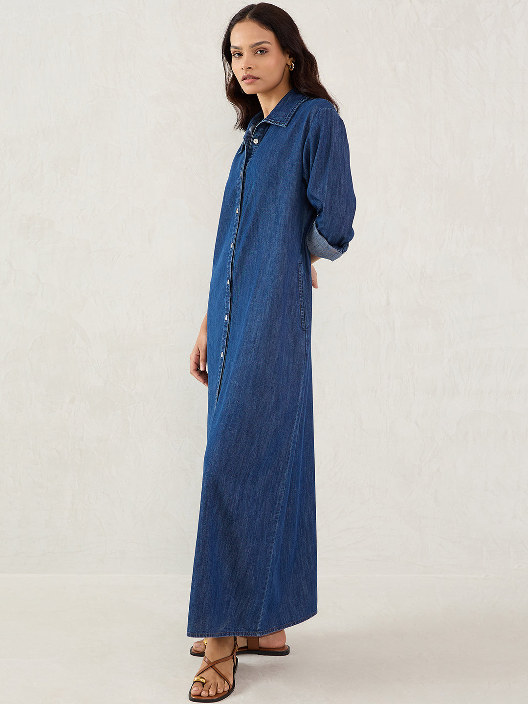 Dark Blue Denim Maxi Shirt Dress