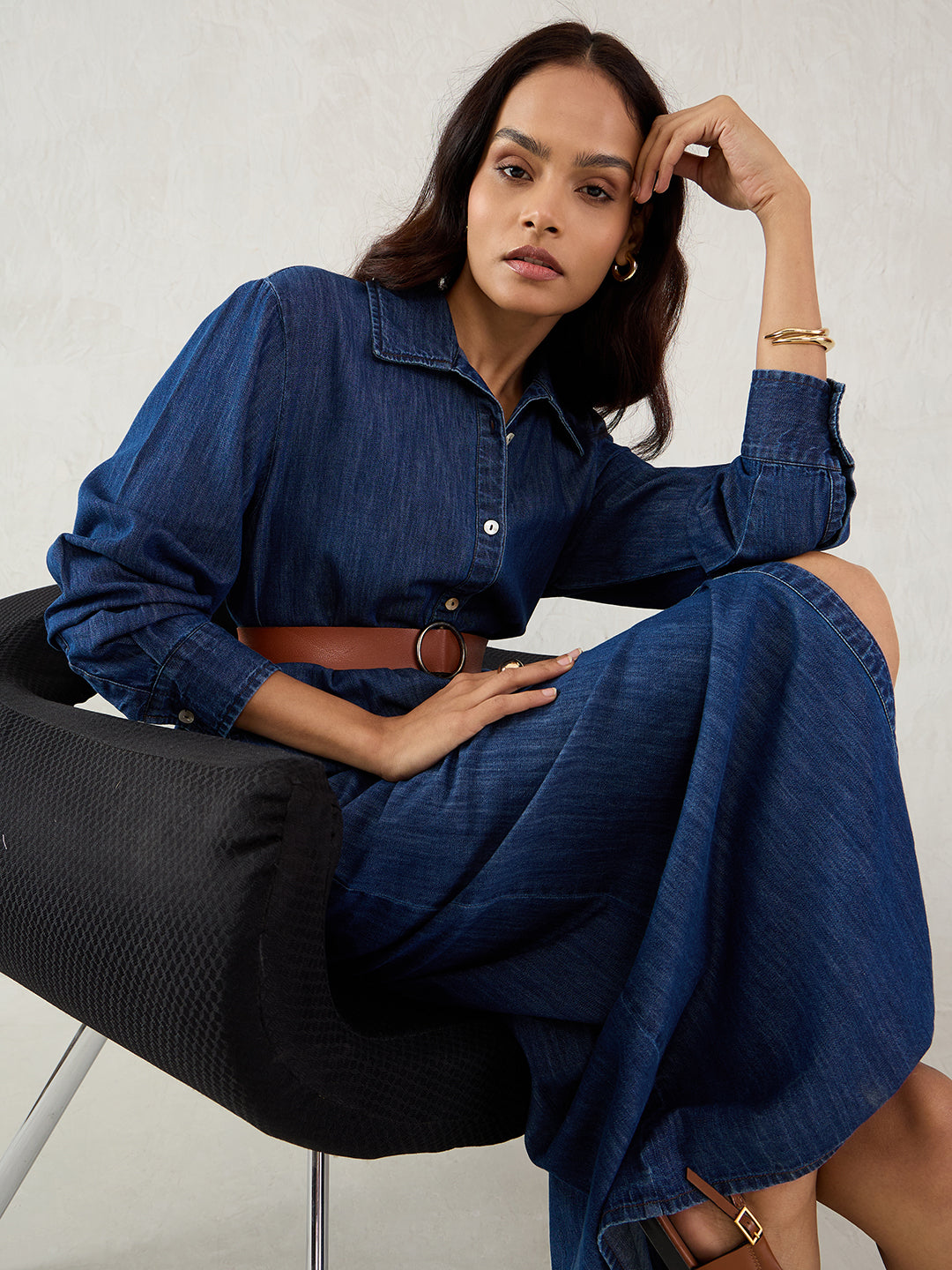 Dark Blue Denim Maxi Shirt Dress