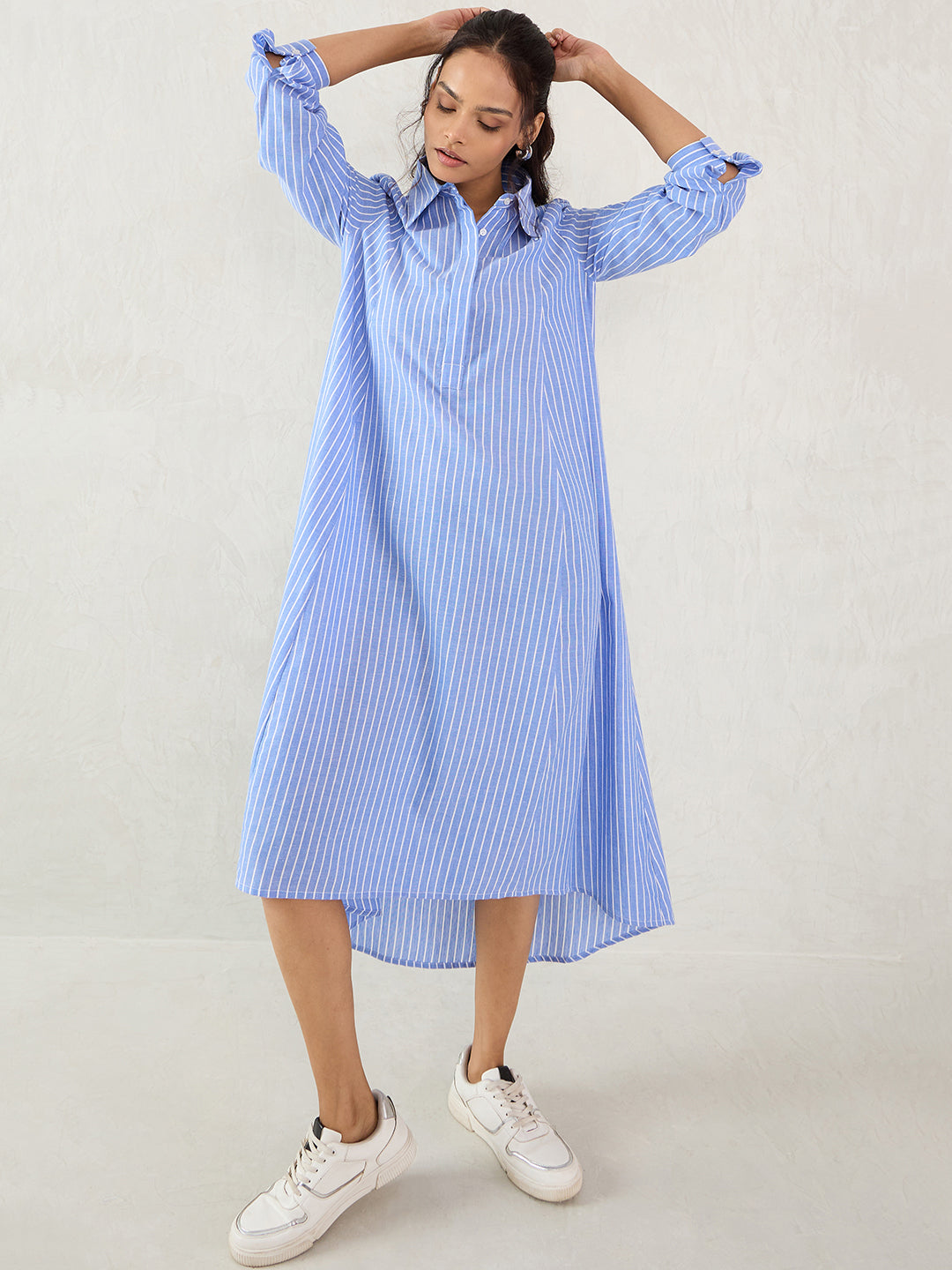 Blue Cotton Stripe Shirt Maxi Dress