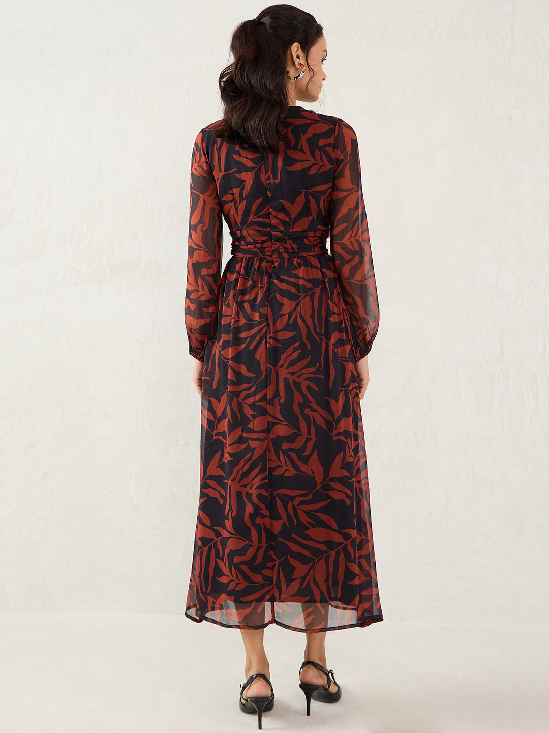 Black And Brown Leaf Print Maxi Dress