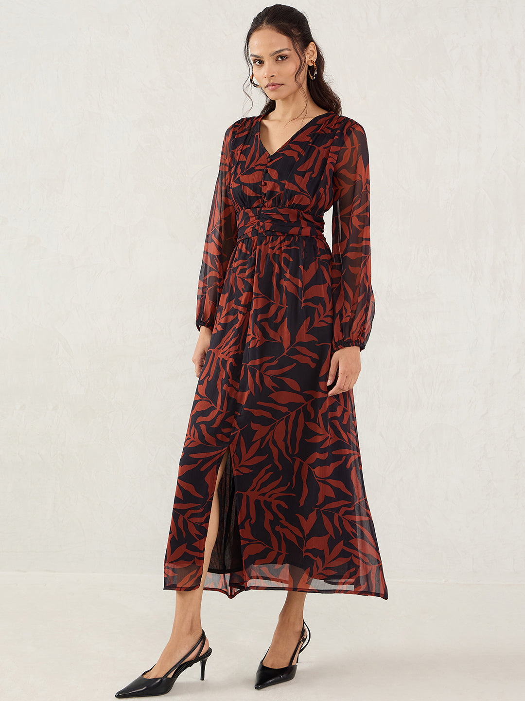 Black And Brown Leaf Print Maxi Dress