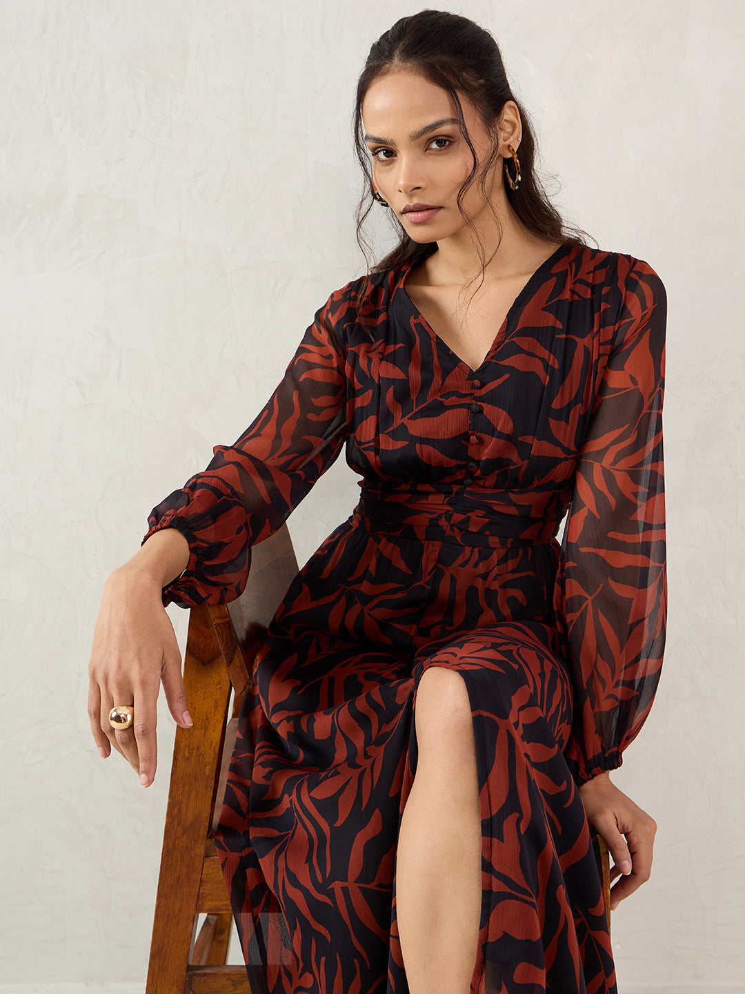 Black And Brown Leaf Print Maxi Dress