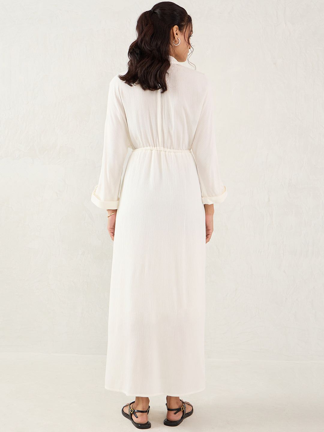 Off White Crinkled Shirt Maxi Dress