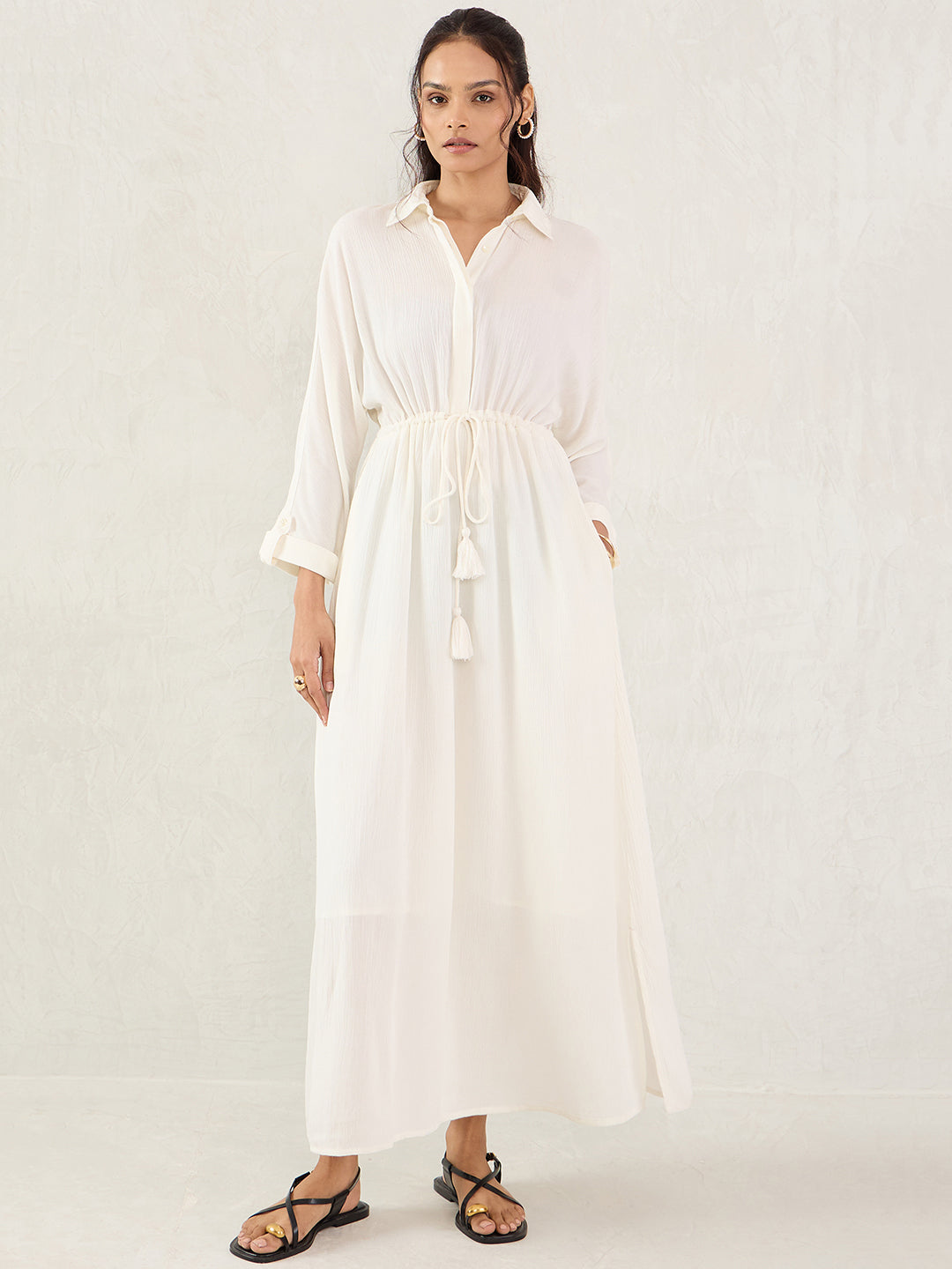 Off White Crinkled Shirt Maxi Dress