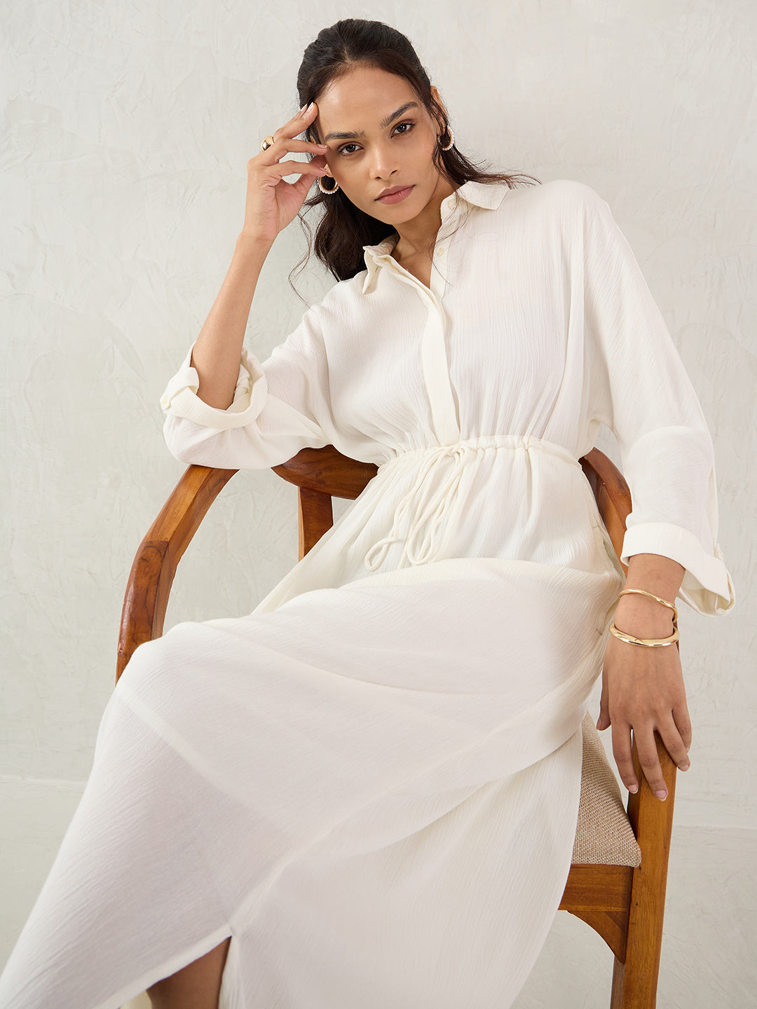 Off White Crinkled Shirt Maxi Dress