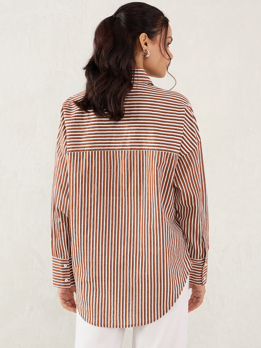 Brown And White Cotton Stripe Shirt