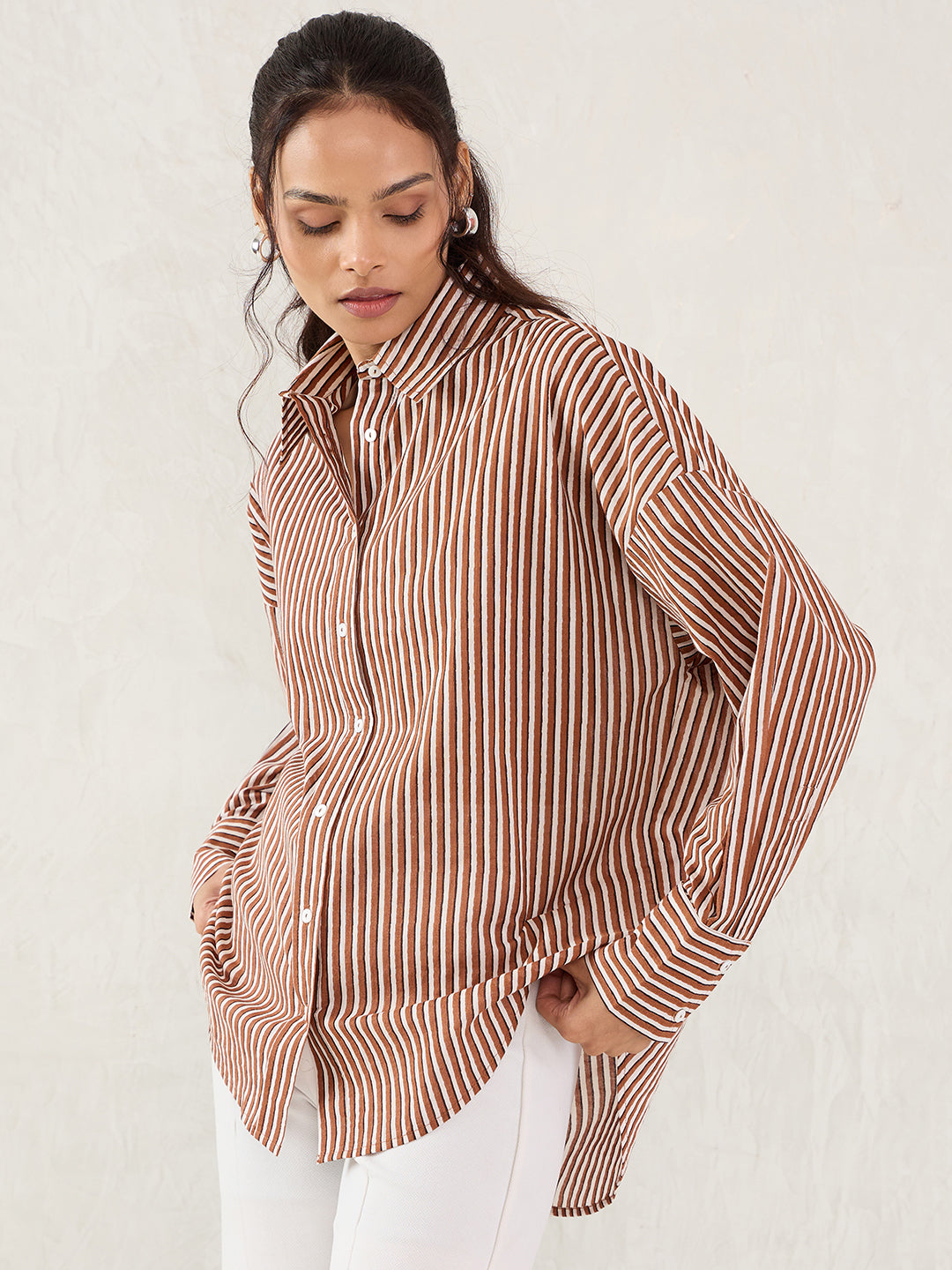 Brown And White Cotton Stripe Shirt