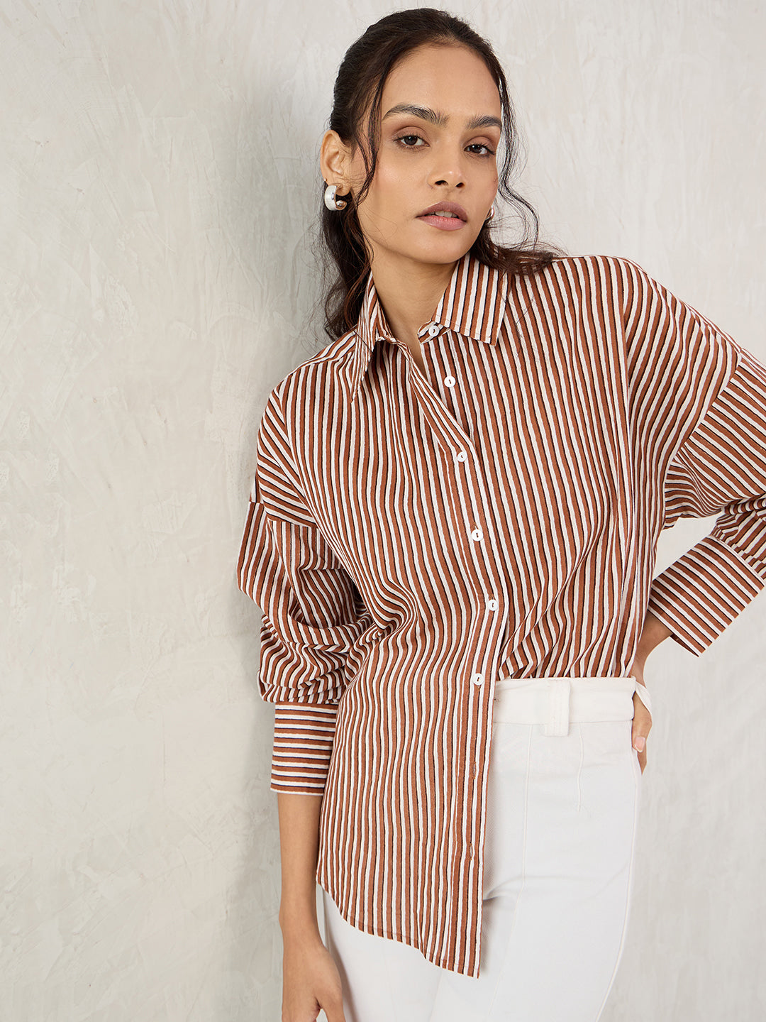 Brown And White Cotton Stripe Shirt