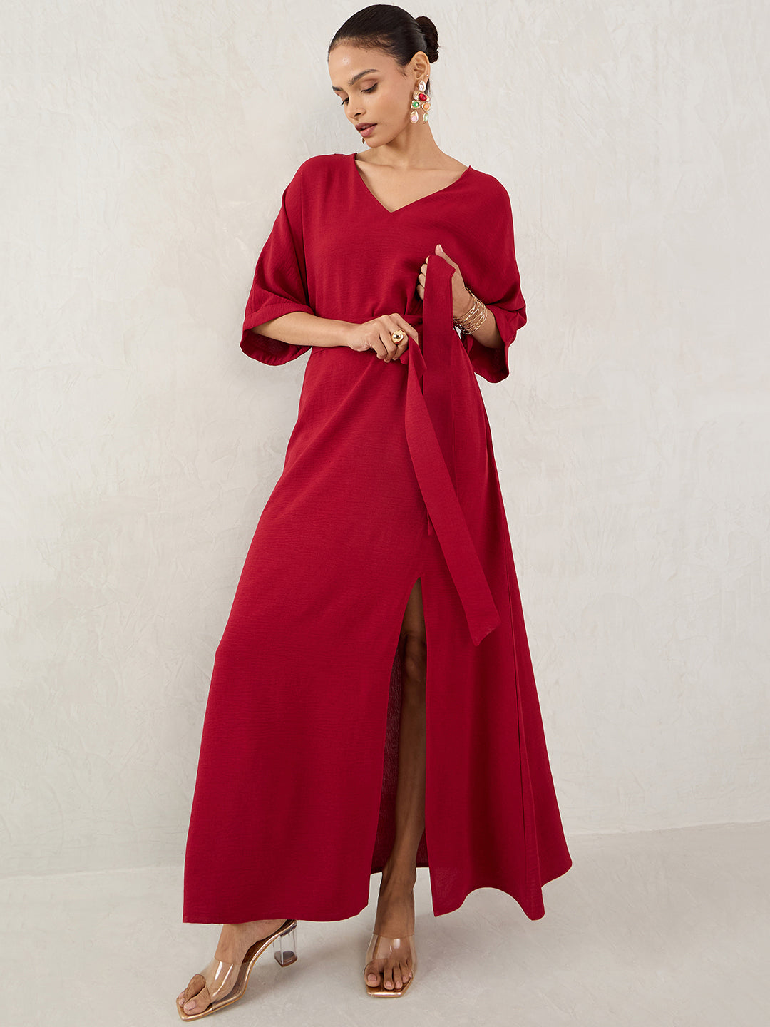 Maroon V-Neck Slit Detailed Maxi Dress