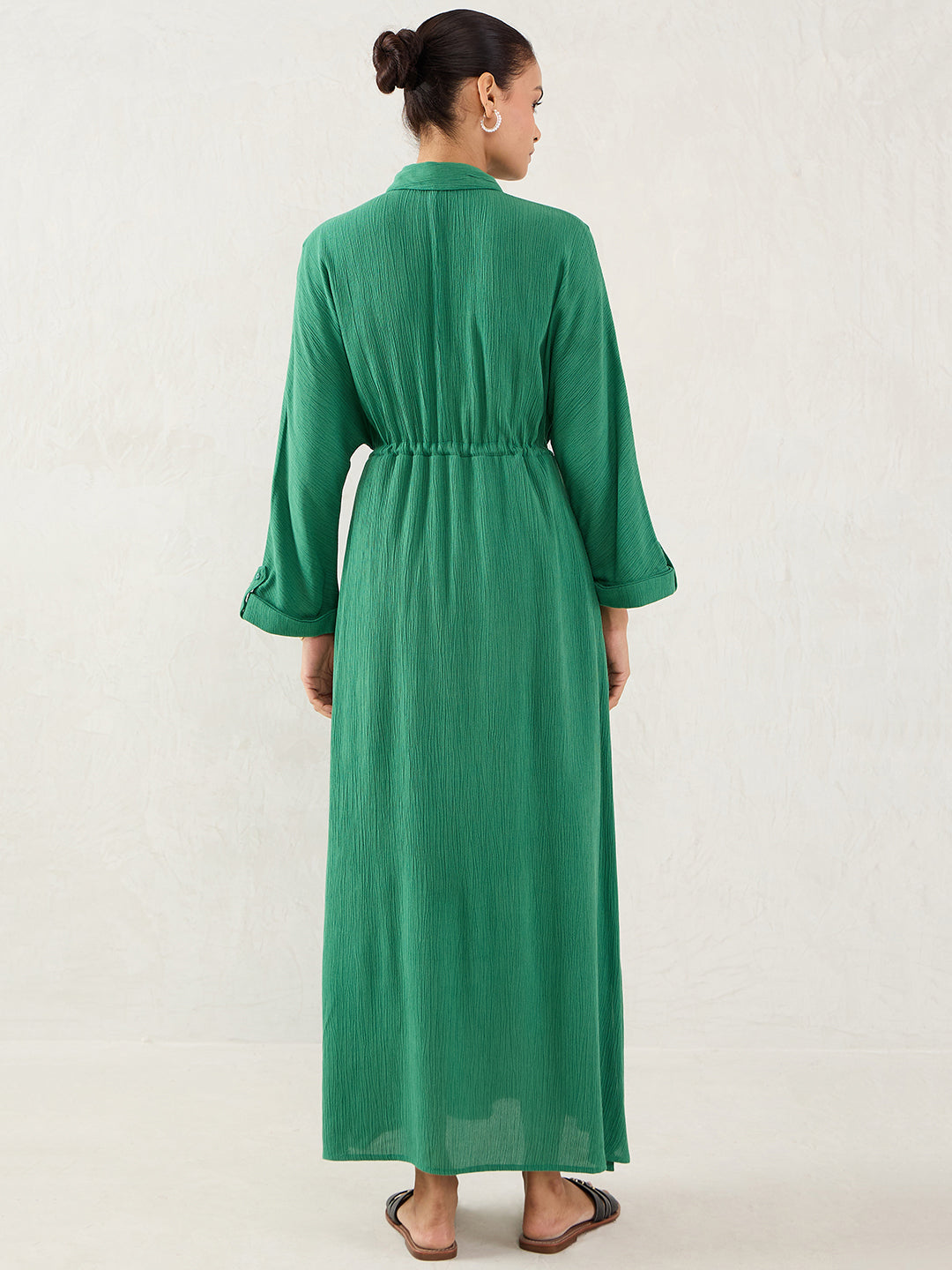 Green Crinkled Shirt Maxi Dress