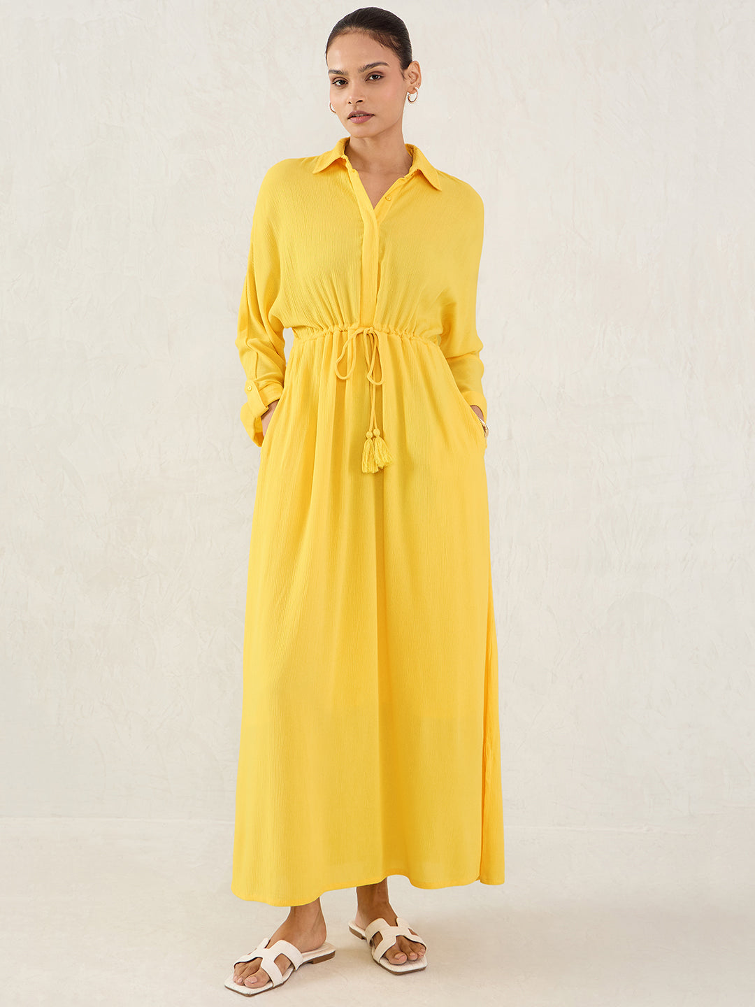 Yellow Crinkled Shirt Maxi Dress