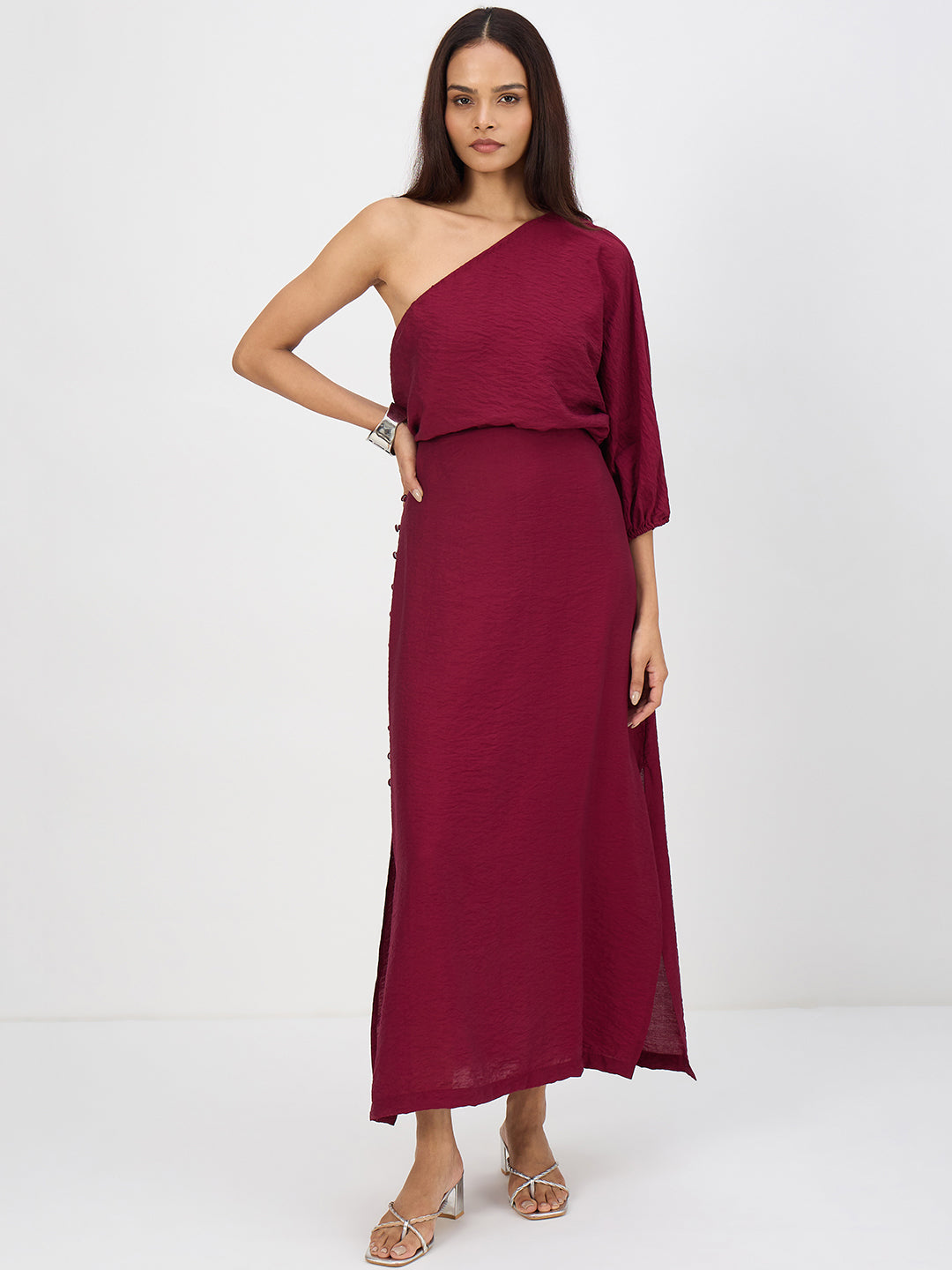 Maroon One Shoulder Skirt Co-Ord Set
