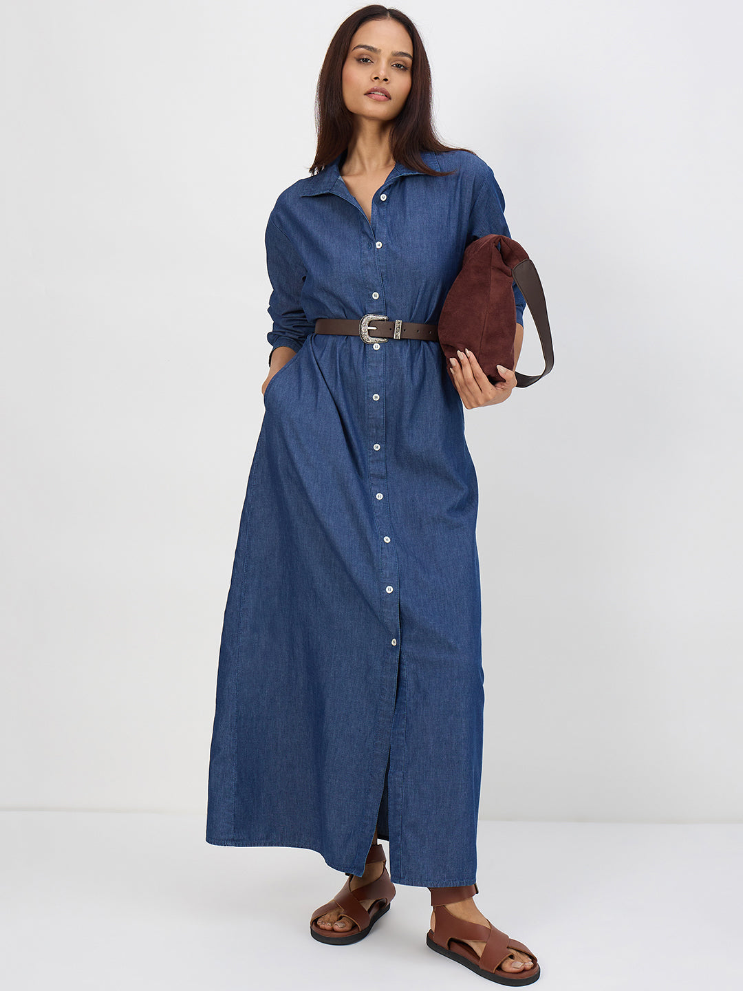 Navy Blue Denim Maxi Shirt Dress