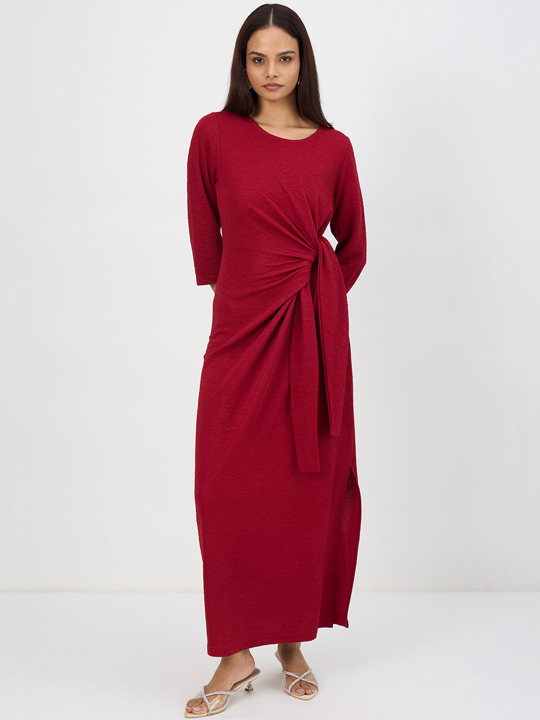 Deep Red Textured Tie-Up Maxi Dress