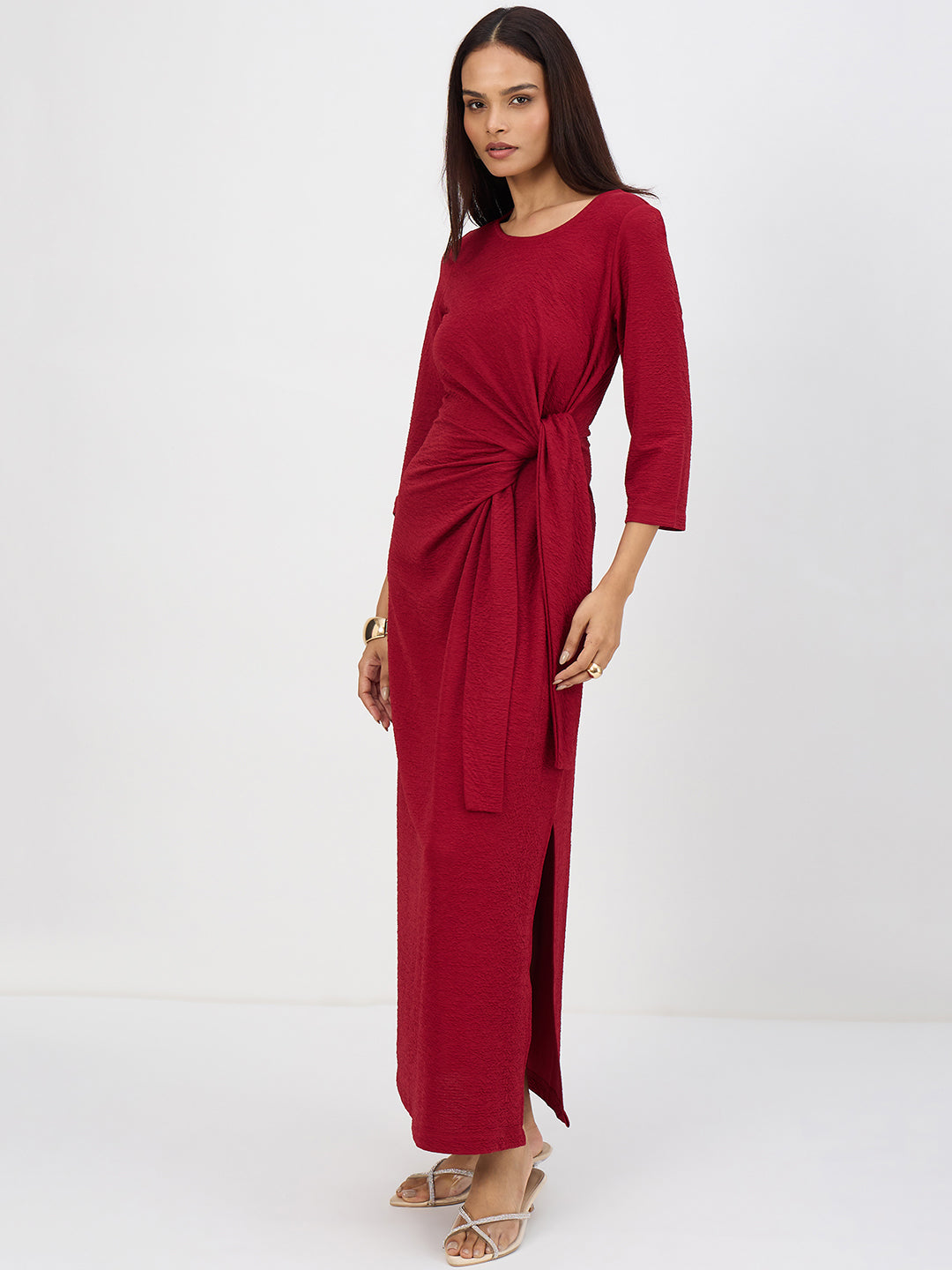 Deep Red Textured Tie-Up Maxi Dress