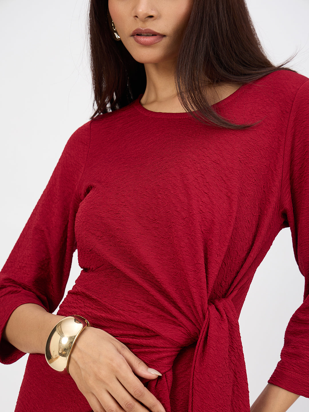 Deep Red Textured Tie-Up Maxi Dress