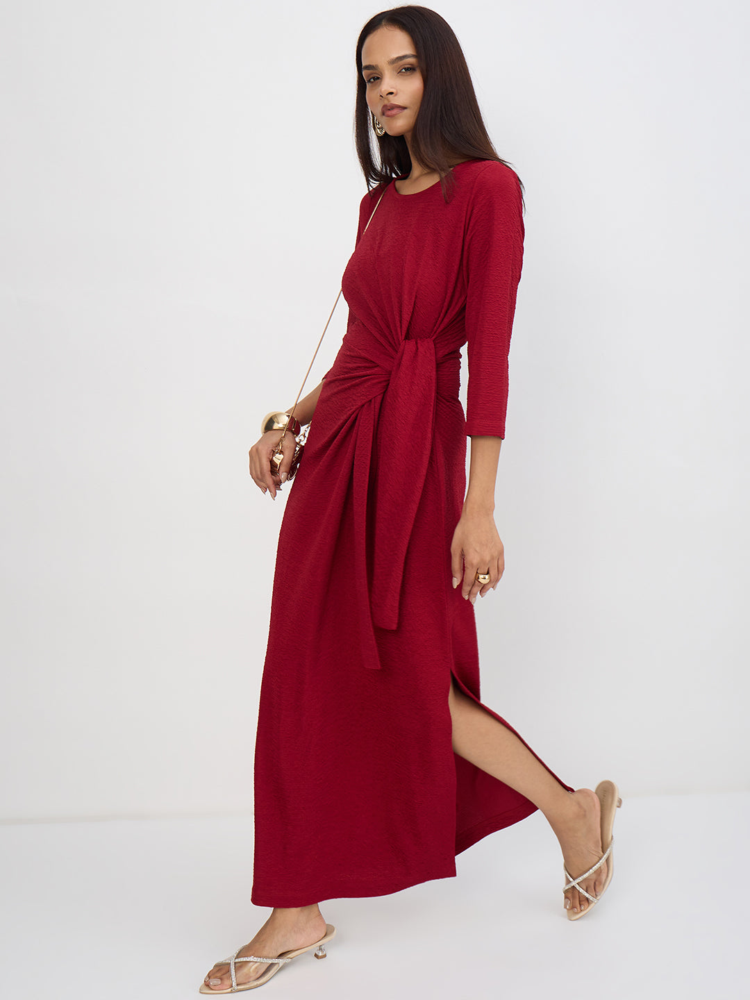 Deep Red Textured Tie-Up Maxi Dress
