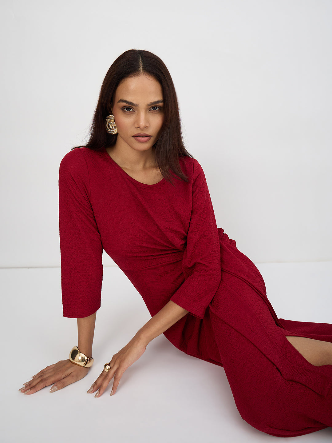 Deep Red Textured Tie-Up Maxi Dress