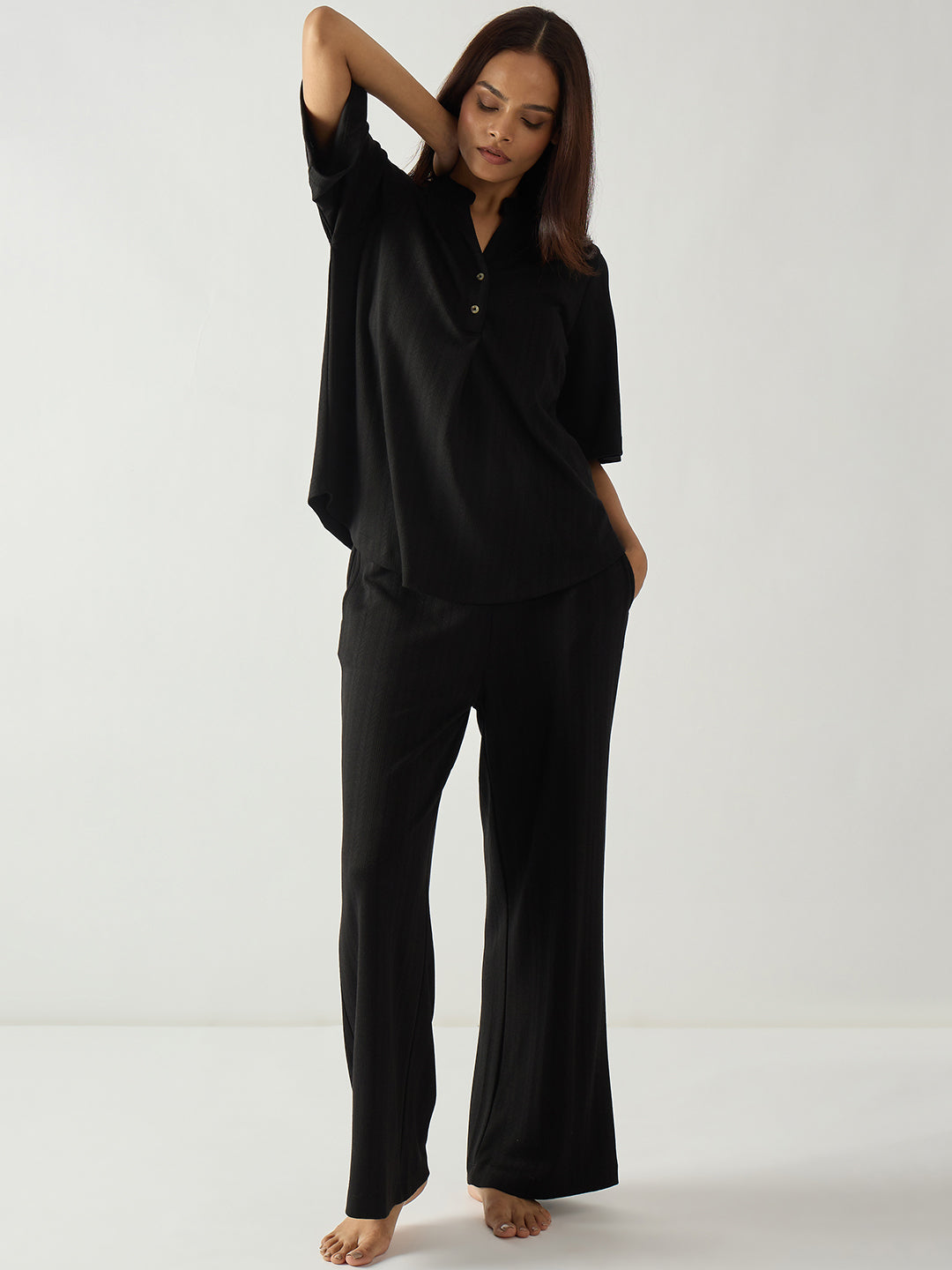 Black Pleat Detail Textured Jersey Co-Ord Set