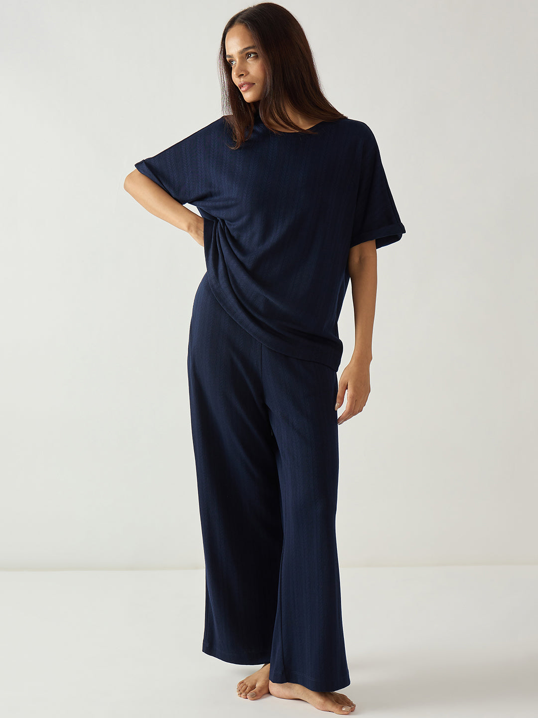 Navy Round Neck Textured Jersey Co-Ord Set
