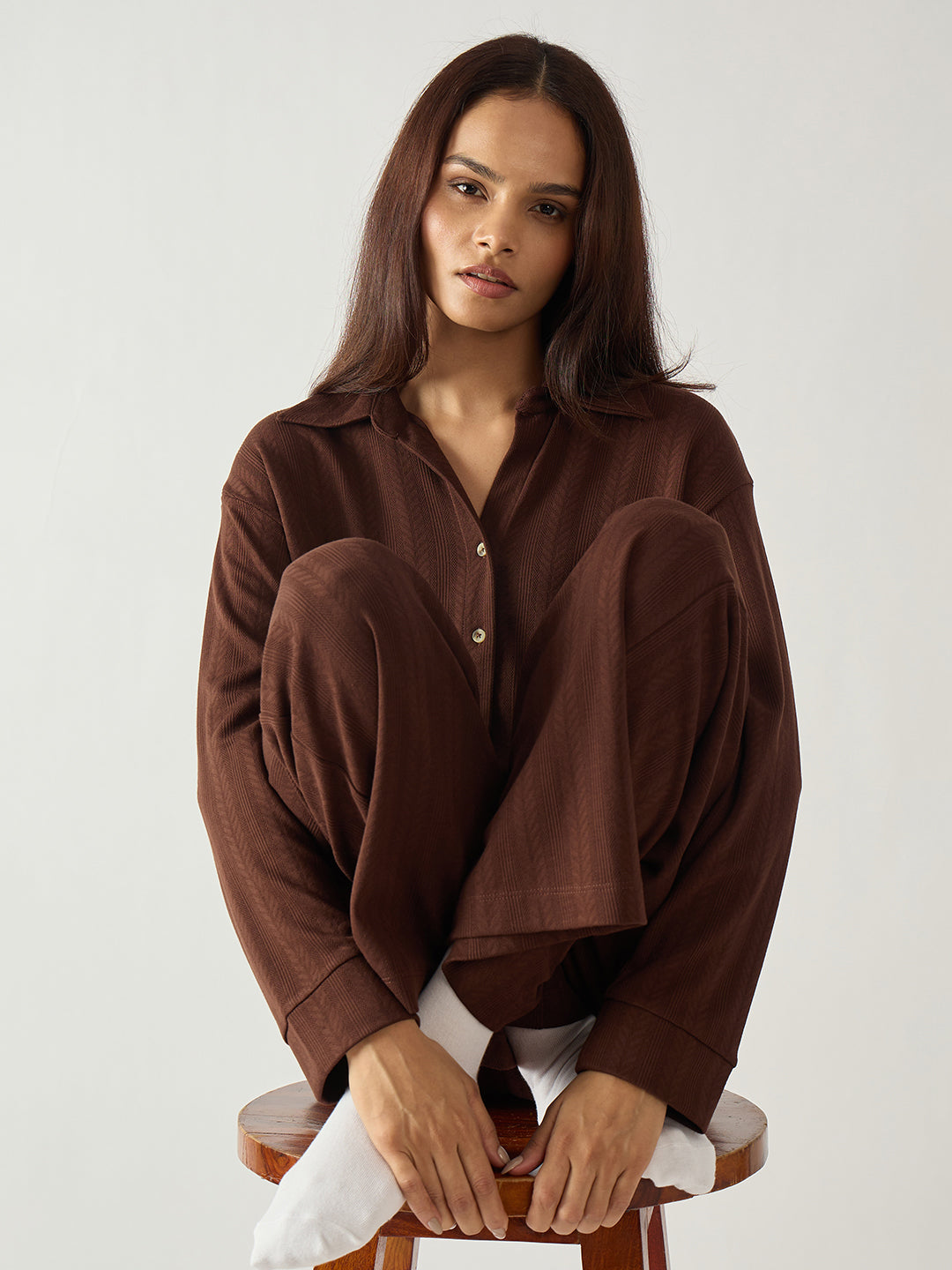 Brown Button Down Textured Jersey Co-Ord Set