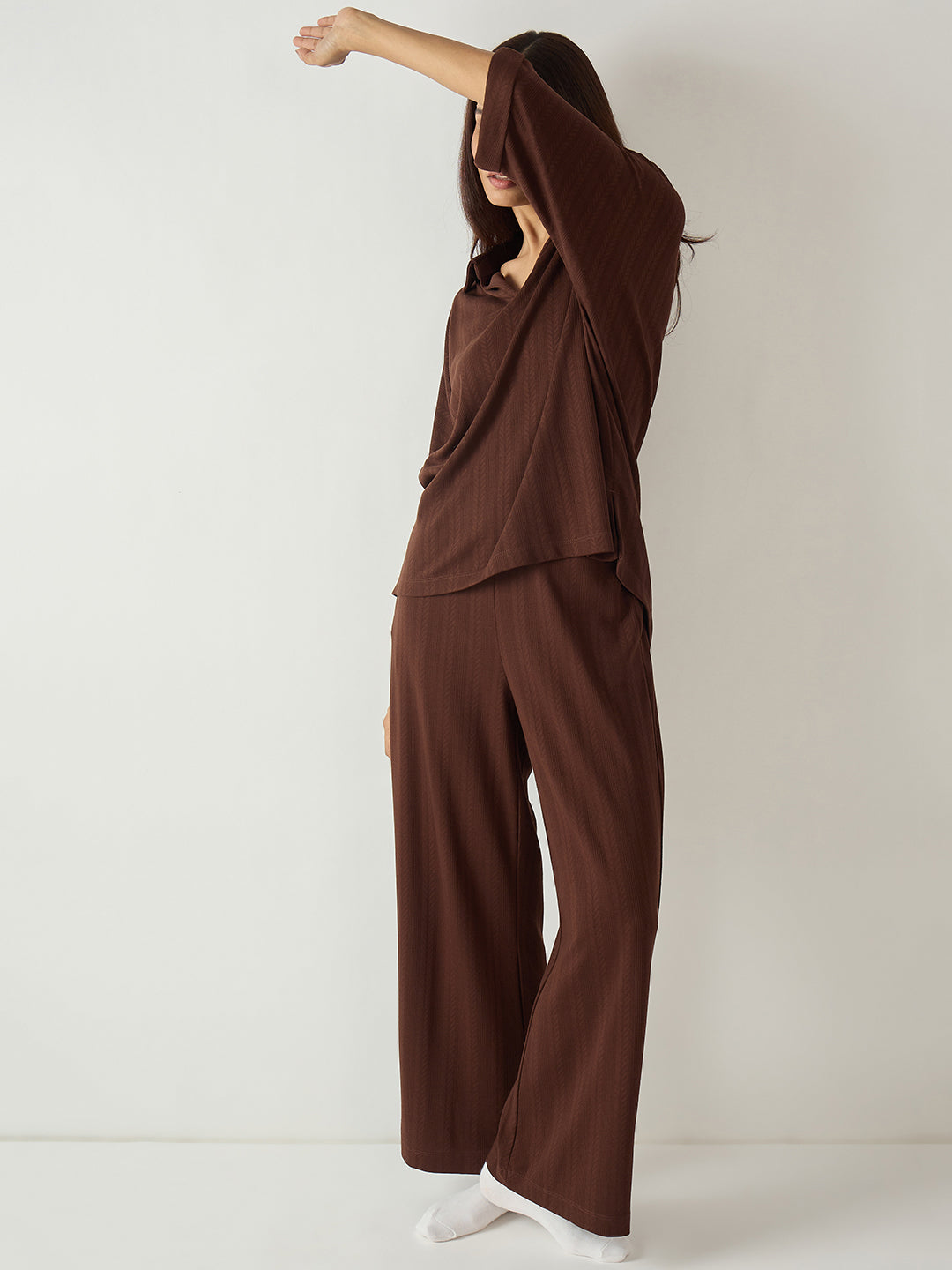 Brown Kimono Textured Jersey Co-Ord Set