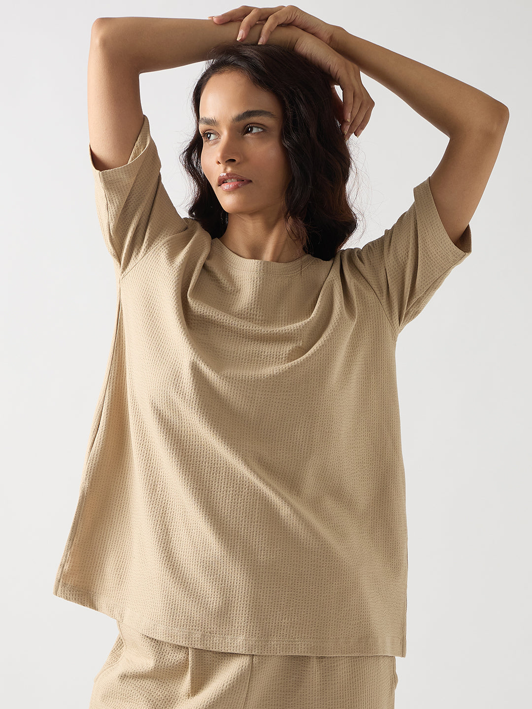 Beige Seersucker Cotton Knit T-Shirt