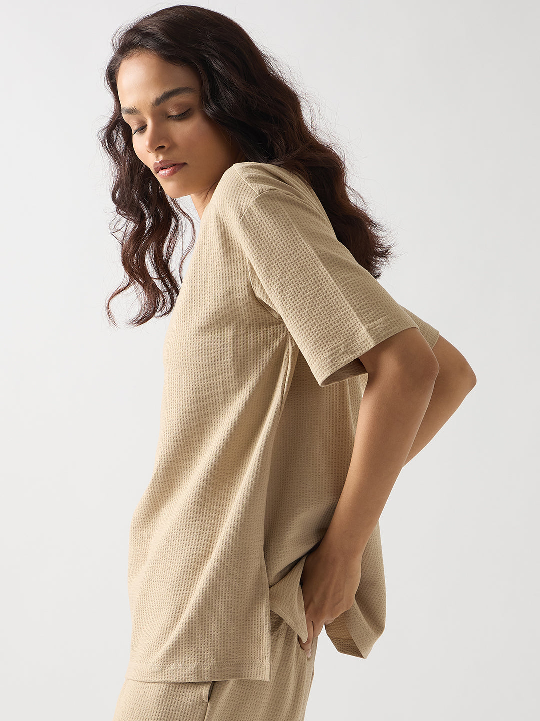 Beige Seersucker Cotton Knit T-Shirt