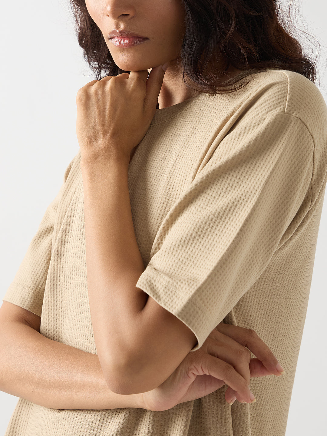 Beige Seersucker Cotton Knit T-Shirt