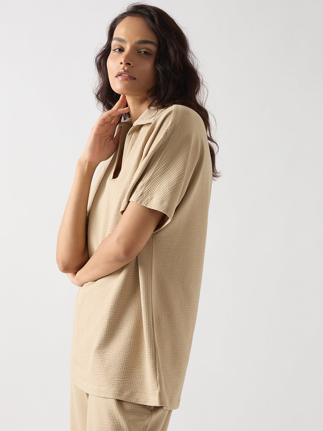 Beige Seersucker Cotton Knit T- Shirt