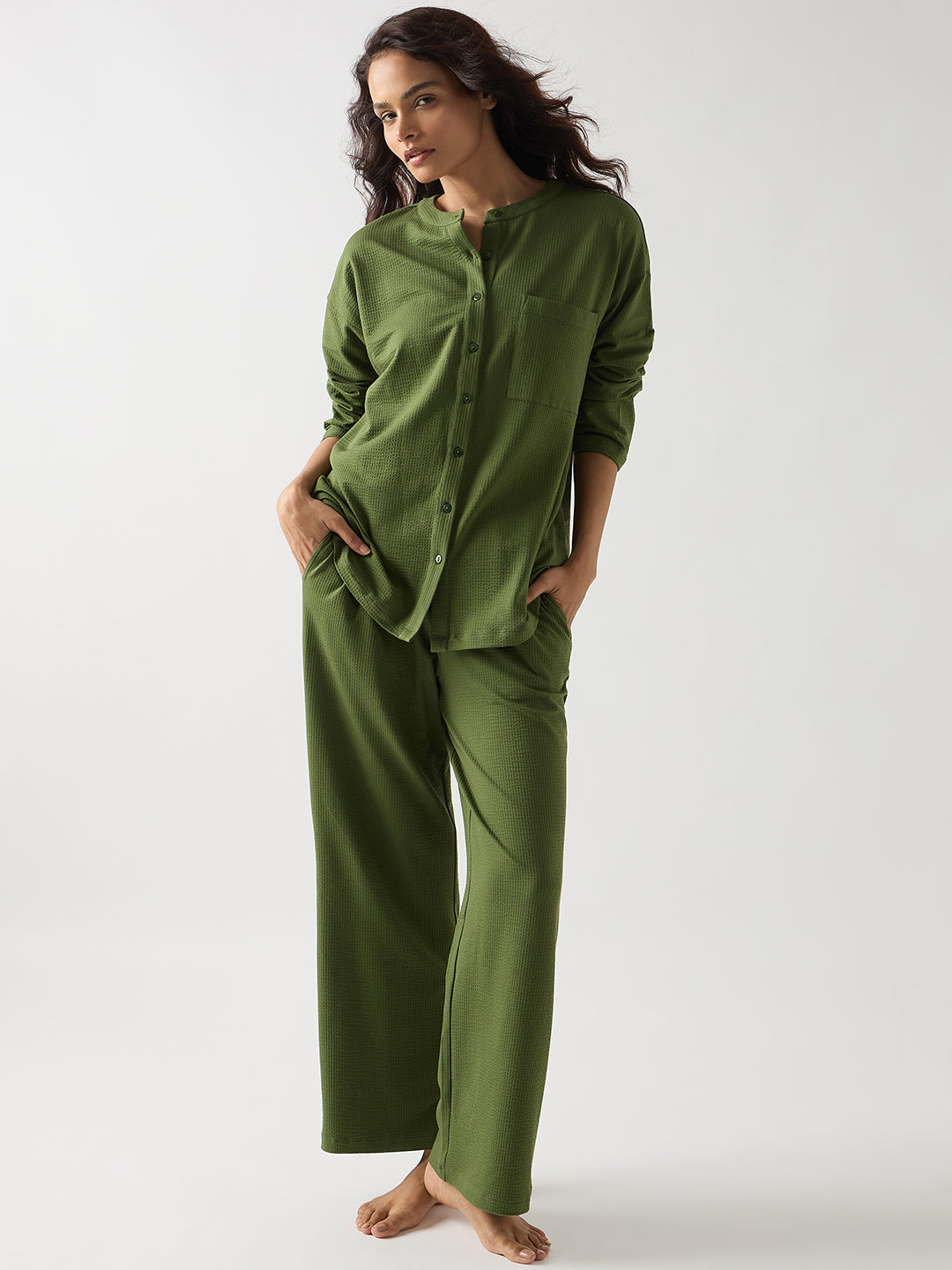 Green Seersucker Cotton Knit Straight Pants