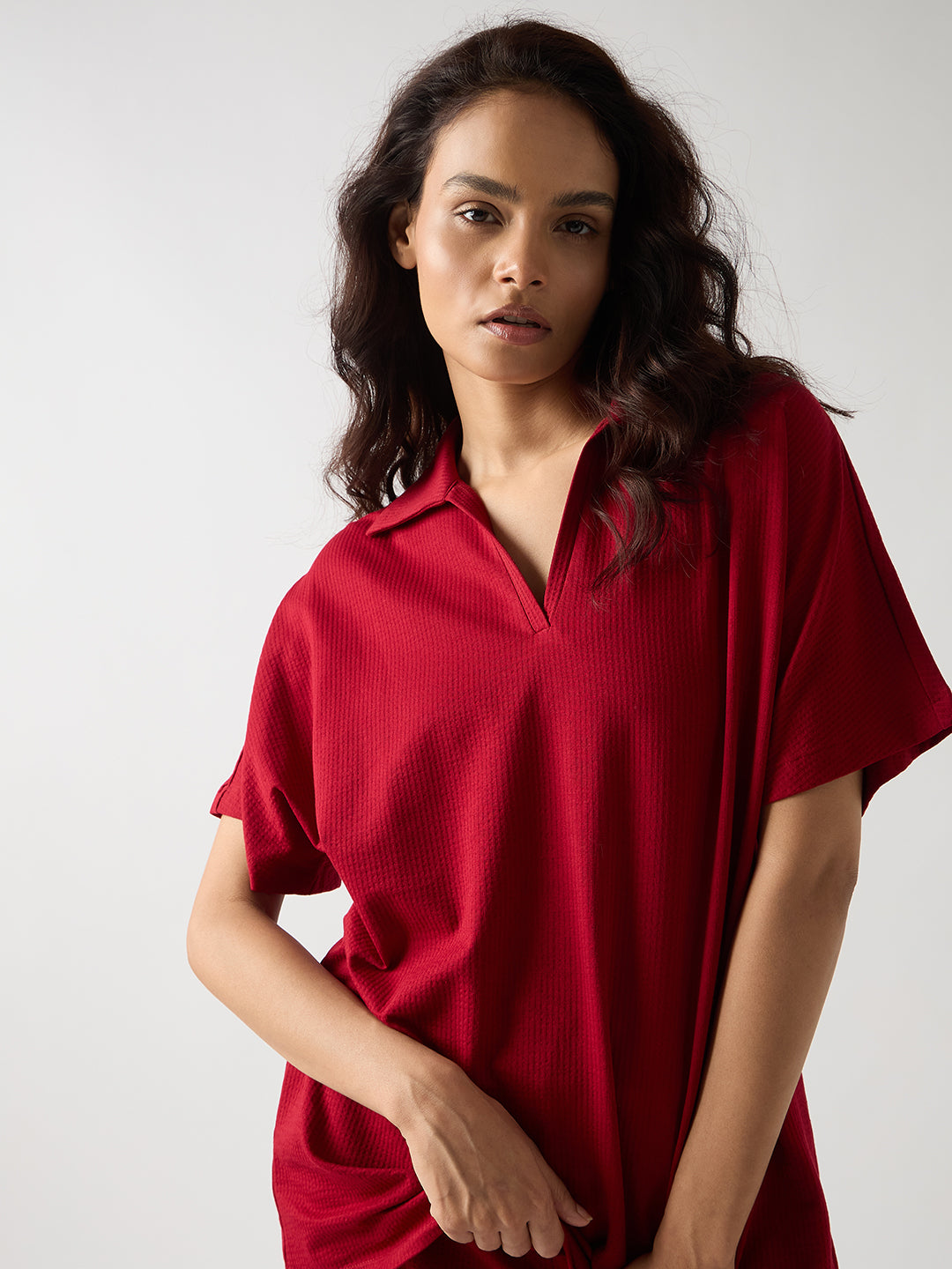 Red Seersucker Cotton Knit T- Shirt