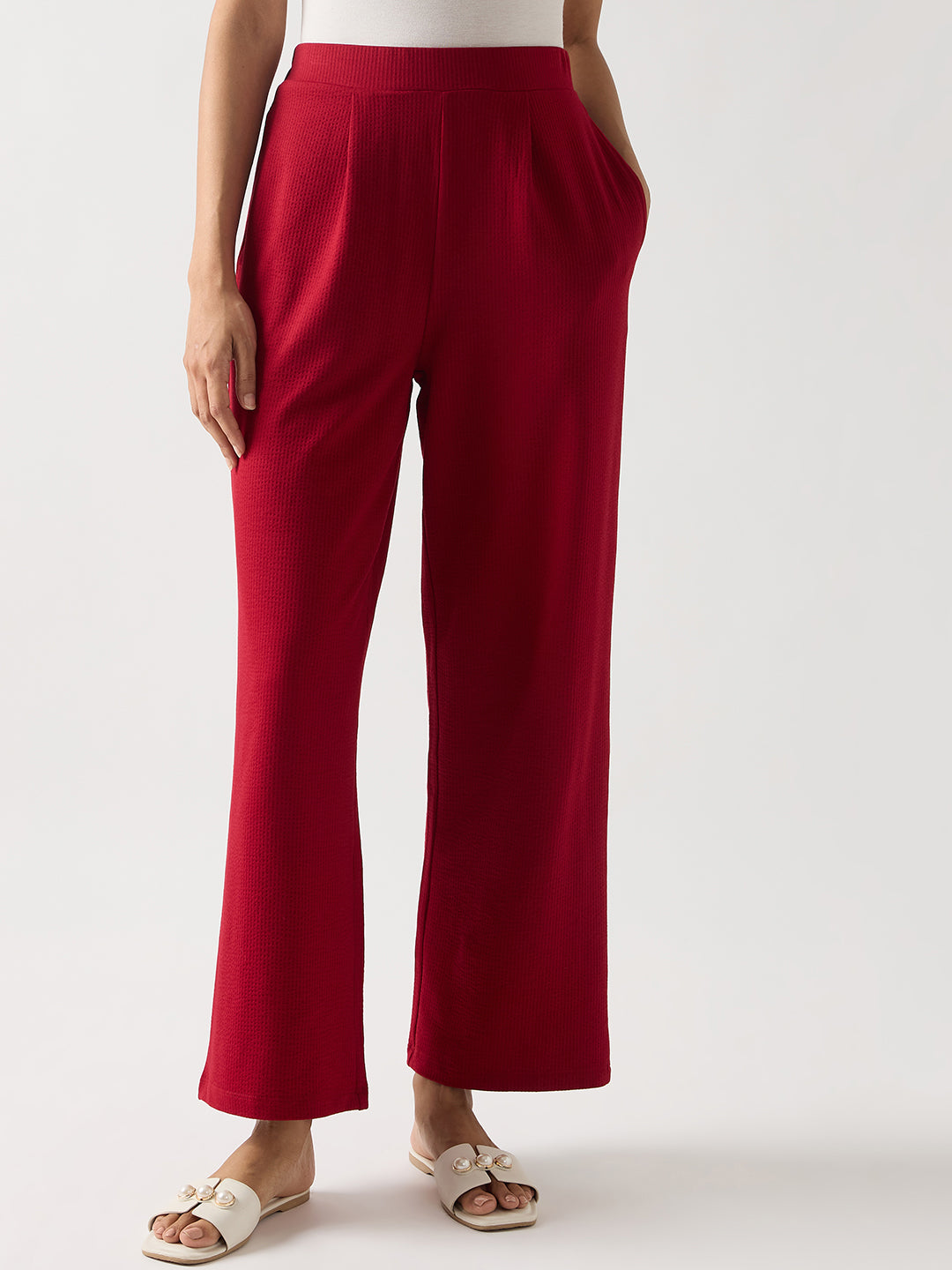 Red Seersucker Cotton Knit Straight Pants