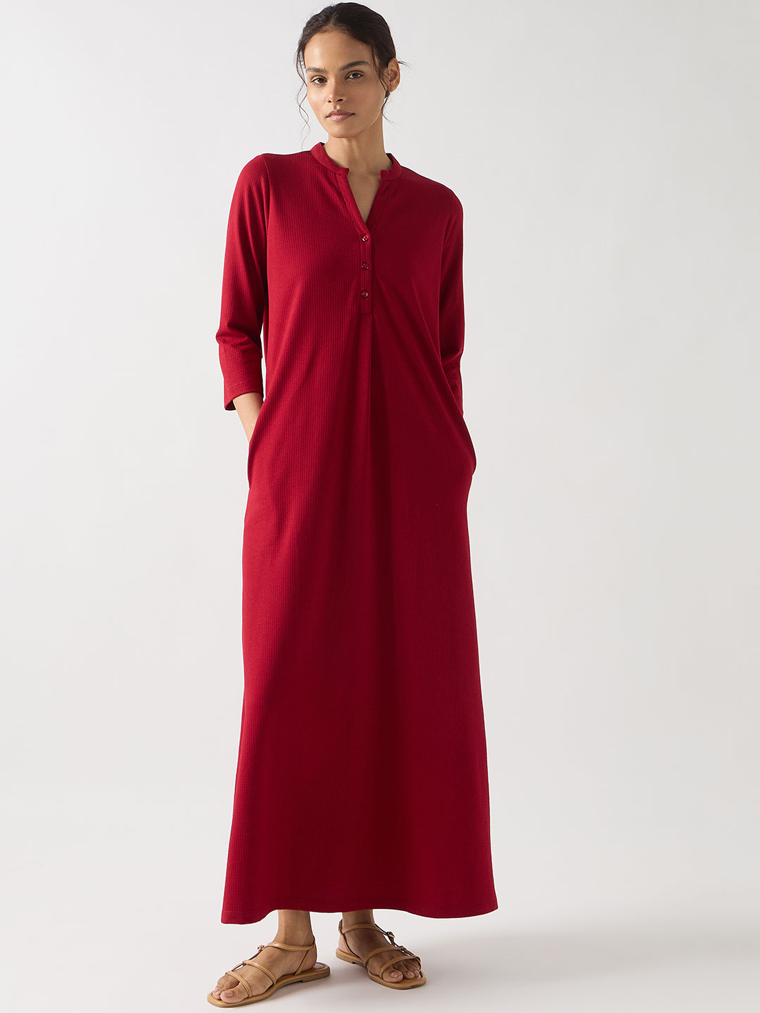 Red Seersucker Cotton Knit Maxi Dress