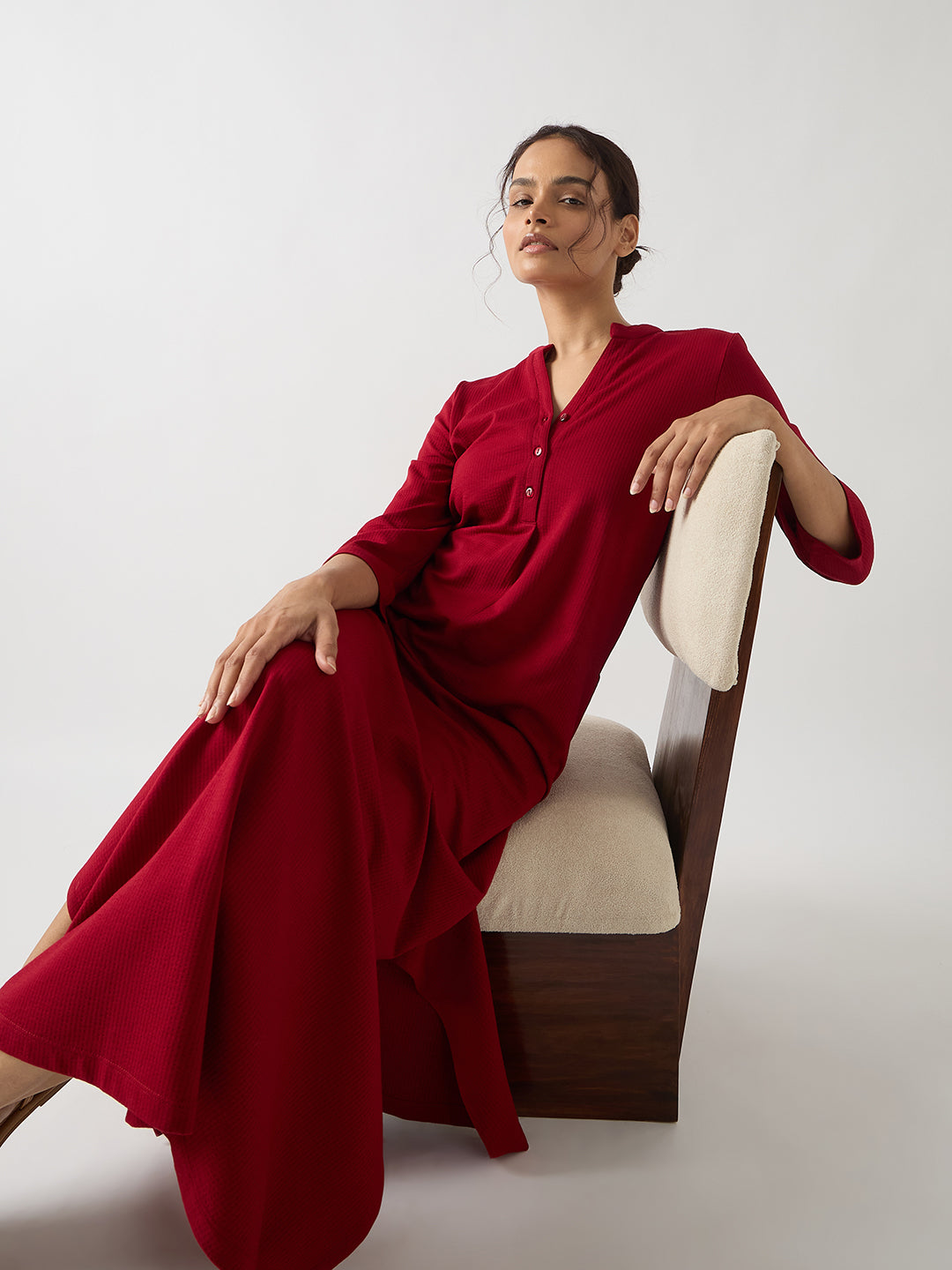 Red Seersucker Cotton Knit Maxi Dress