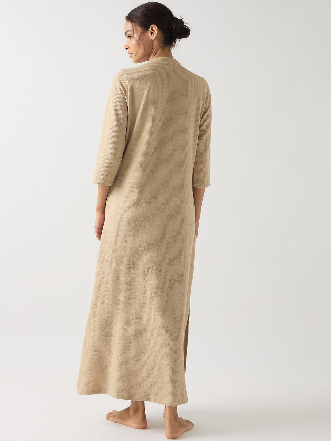 Beige Seersucker Cotton Knit Maxi Dress