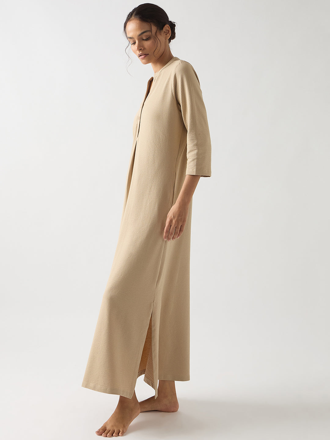Beige Seersucker Cotton Knit Maxi Dress